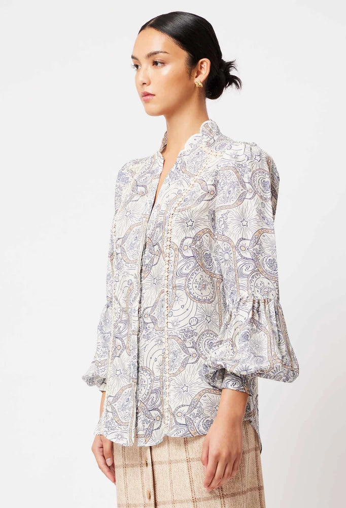 Vega Visco Cupro Silk Lace insert Shirt with Scolloped  Collar - Astral Print