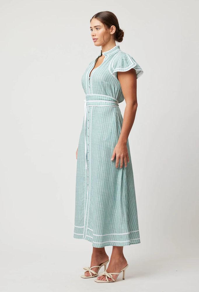 Panama Viscose Linen Binding Detail Flutter Sleeve Maxi Dress - Capri Stripe