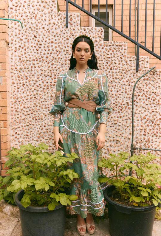 Green floral sales silk dress