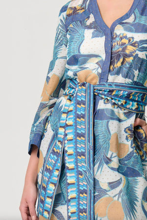 KIMONA COTTON SILK PLACEMENT PRINT KIMONA SLEEVE COAT DRESS - tukano print