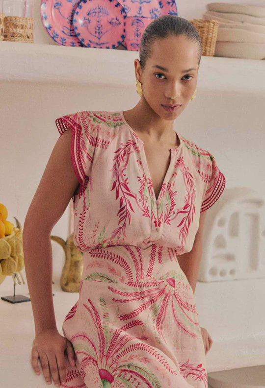 Aseel Linen Viscose Flutter Sleeve Scallop Embroidered Top