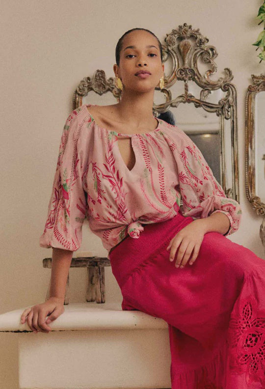 Sakina Cotton Silk Lace Trim Blouse