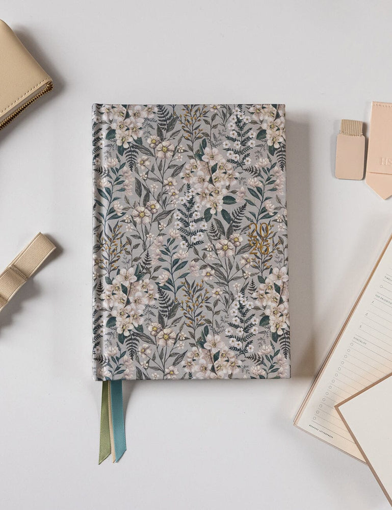 2026 Desktop Linen Bound Planner - Ivory Garden