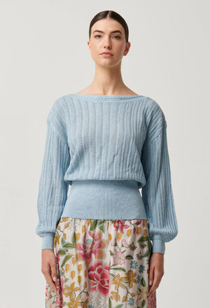 MARLEY SUPER FINE MERINO COTTON BRAIDED POINTELLE KNIT TOP - CORNFLOWER