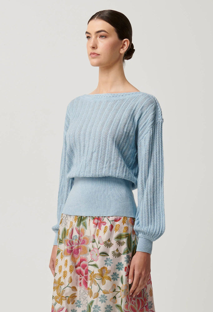 MARLEY SUPER FINE MERINO COTTON BRAIDED POINTELLE KNIT TOP - CORNFLOWER