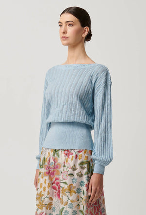 MARLEY SUPER FINE MERINO COTTON BRAIDED POINTELLE KNIT TOP - CORNFLOWER