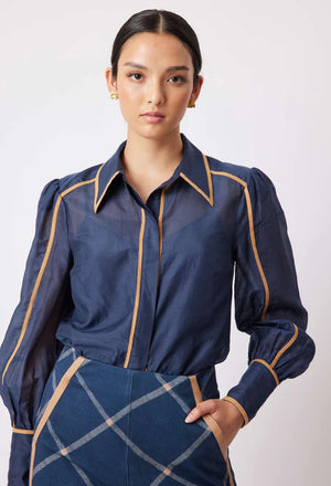 Tallitha Cotton Silk Binding Detailed Shirt - Navy/Husk