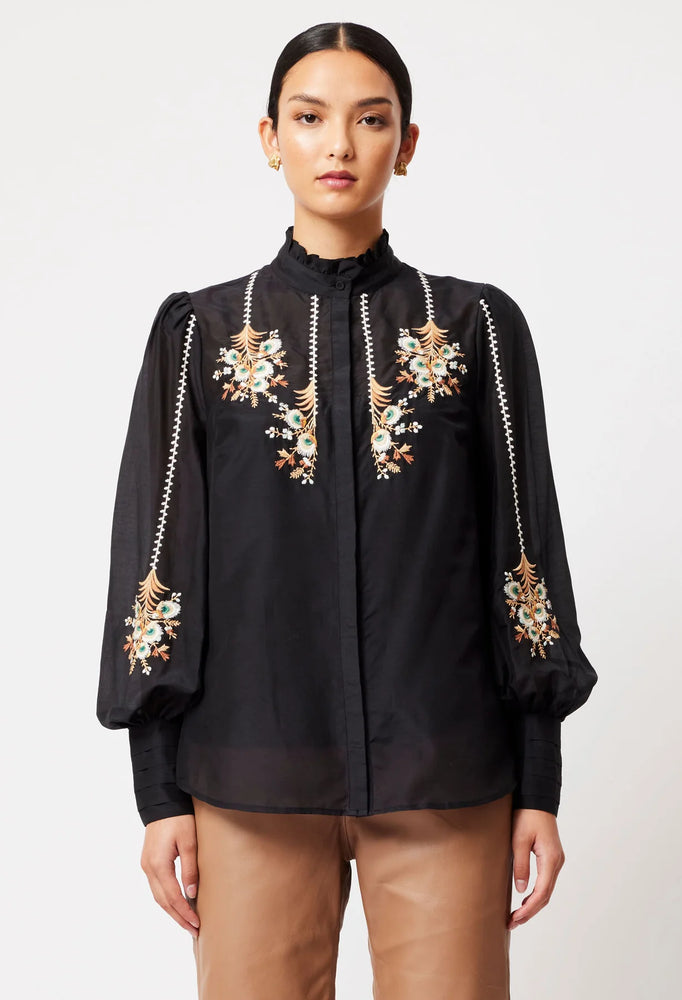 FLORENCE COTTON SILK EMBROIDERED SHIRT IN BLACK
