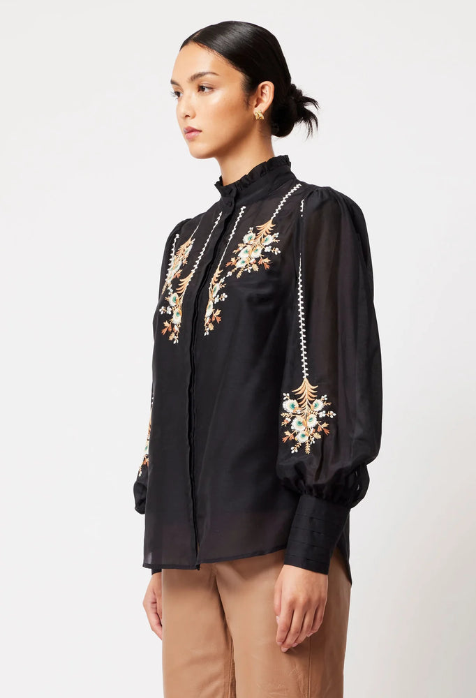 FLORENCE COTTON SILK EMBROIDERED SHIRT IN BLACK