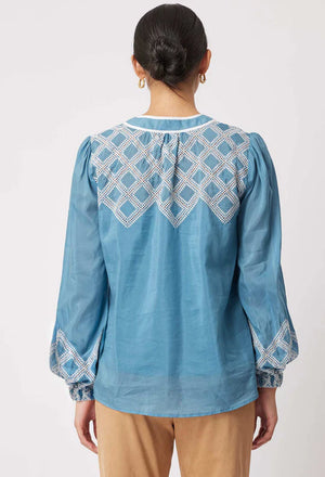 Mahra Silk Cotton Embroidered Round Shoulder Yoke Blouse