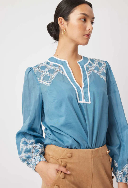 
            
                Load image into Gallery viewer, Mahra Silk Cotton Embroidered Round Shoulder Yoke Blouse
            
        