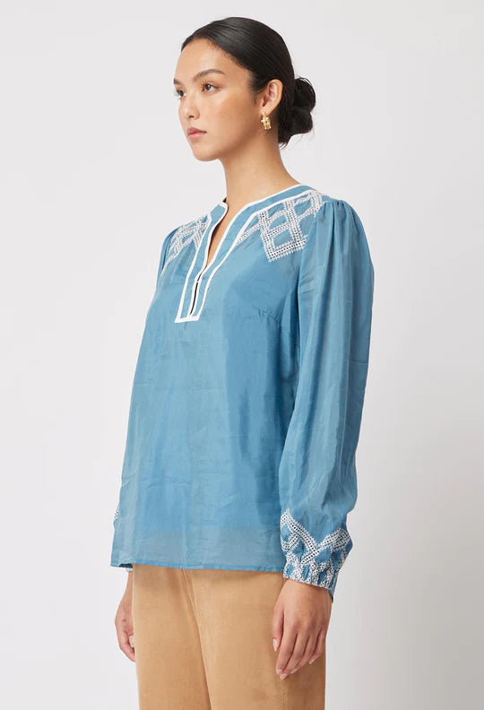 
            
                Load image into Gallery viewer, Mahra Silk Cotton Embroidered Round Shoulder Yoke Blouse
            
        