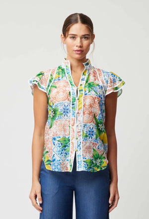 Panama Cotton Silk Binding Detail Flutter Sleeve Top - Limonata Print