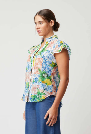 Panama Cotton Silk Binding Detail Flutter Sleeve Top - Limonata Print