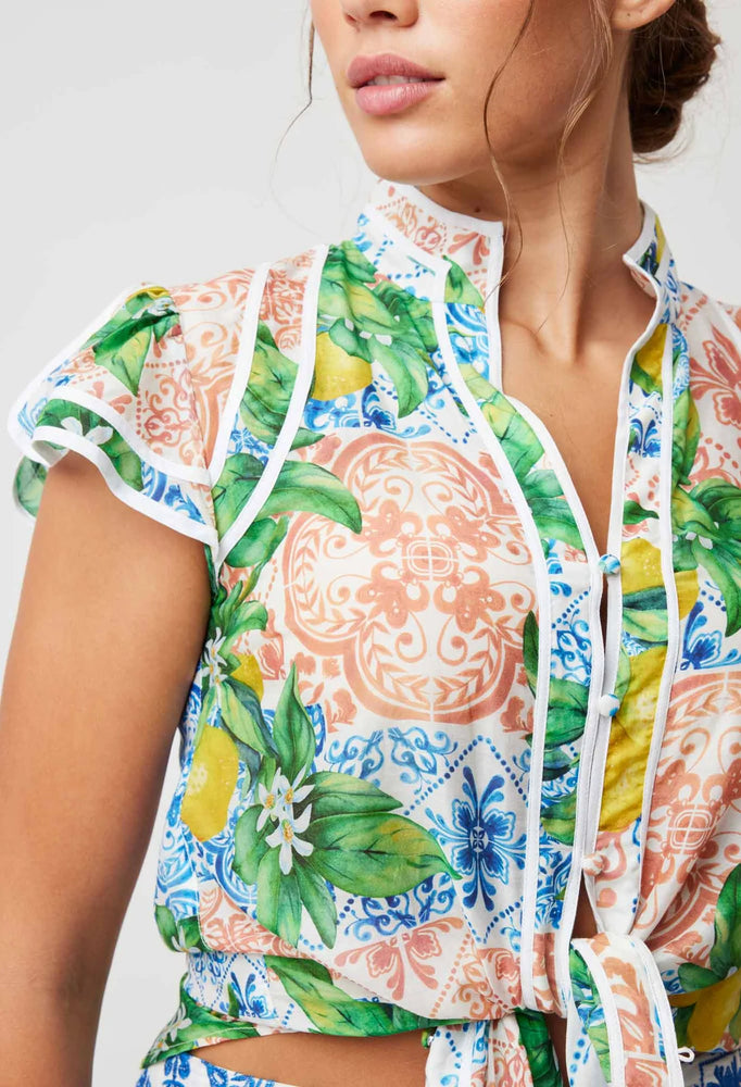Panama Cotton Silk Binding Detail Flutter Sleeve Top - Limonata Print