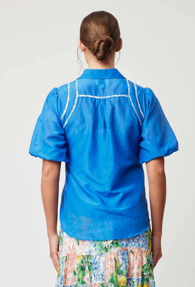 
            
                Load image into Gallery viewer, Nerano Cotton Silk Bind Detail Volume Sleeve Collared Shirt - Azure
            
        