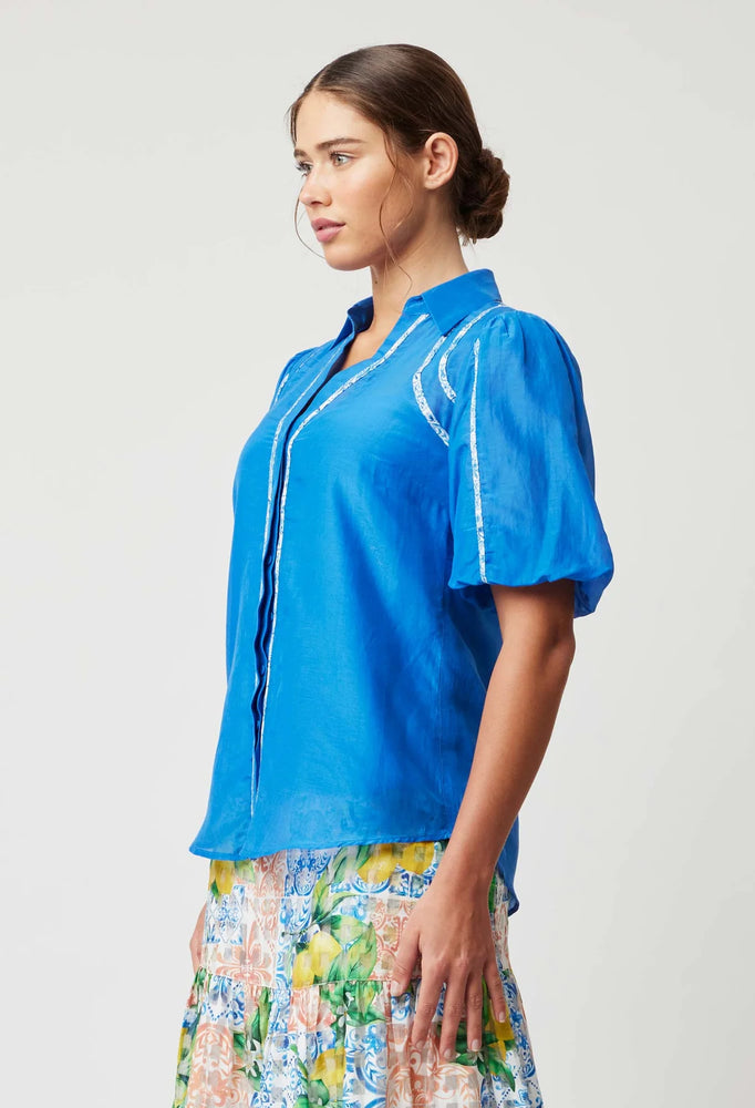 
            
                Load image into Gallery viewer, Nerano Cotton Silk Bind Detail Volume Sleeve Collared Shirt - Azure
            
        