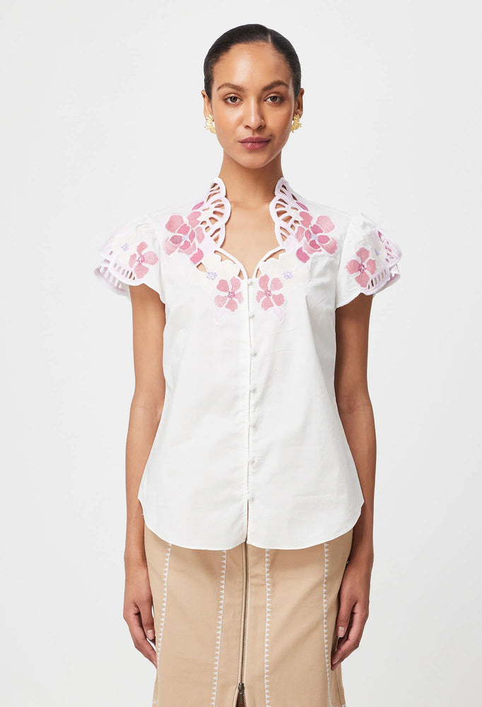 Ballou Embroidered Cotton Voile Blouse in Ivory Blush