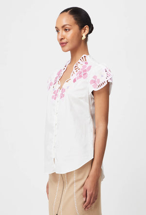 Ballou Embroidered Cotton Voile Blouse in Ivory Blush