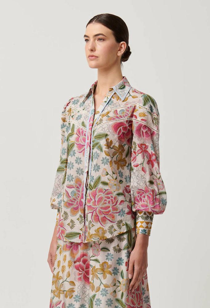 WREN LACE TRIM SPLICED COTTON SLUB SHIRT - AZALEA FIELDS