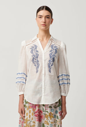 FLEURINE PLACEMENT EMBROIDERED COTTON SLUB SHIRT - MILK