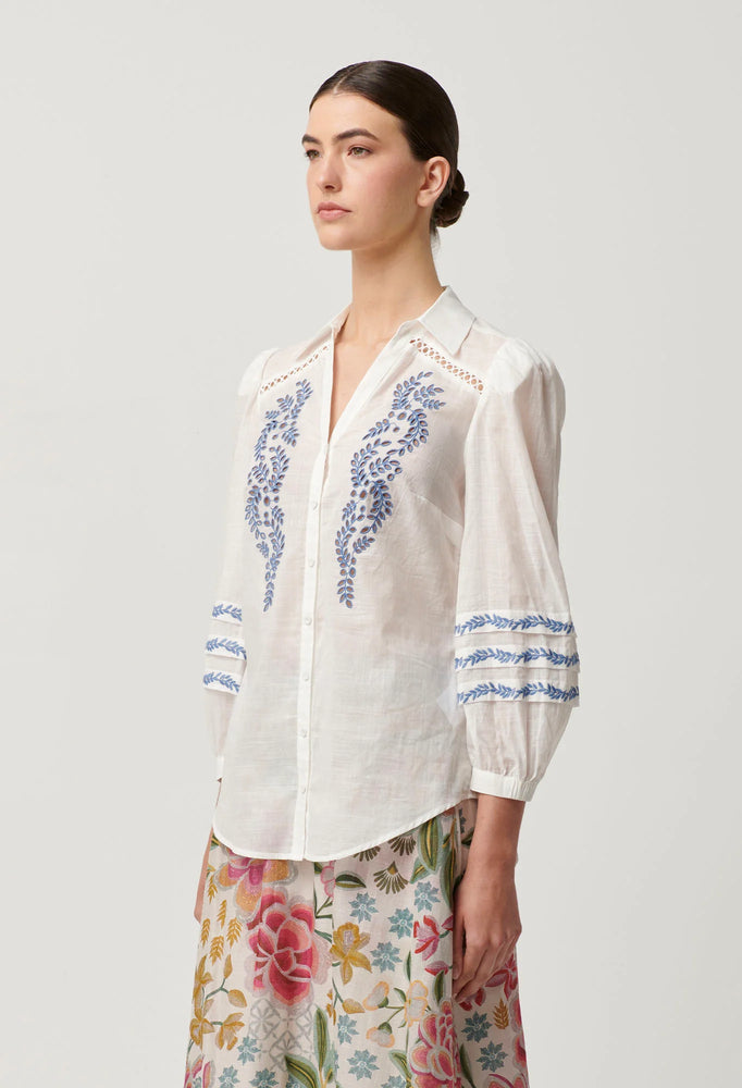 FLEURINE PLACEMENT EMBROIDERED COTTON SLUB SHIRT - MILK