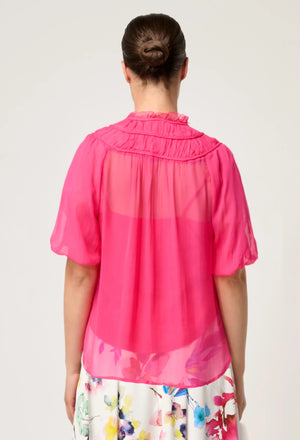 Selini Braided Neck Viscose Chiffon Blouse in Celosia Pink