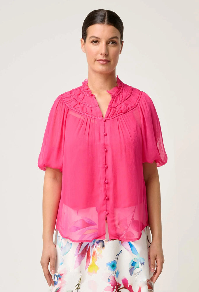 Selini Braided Neck Viscose Chiffon Blouse in Celosia Pink