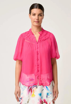 Selini Braided Neck Viscose Chiffon Blouse in Celosia Pink