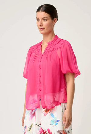 Selini Braided Neck Viscose Chiffon Blouse in Celosia Pink