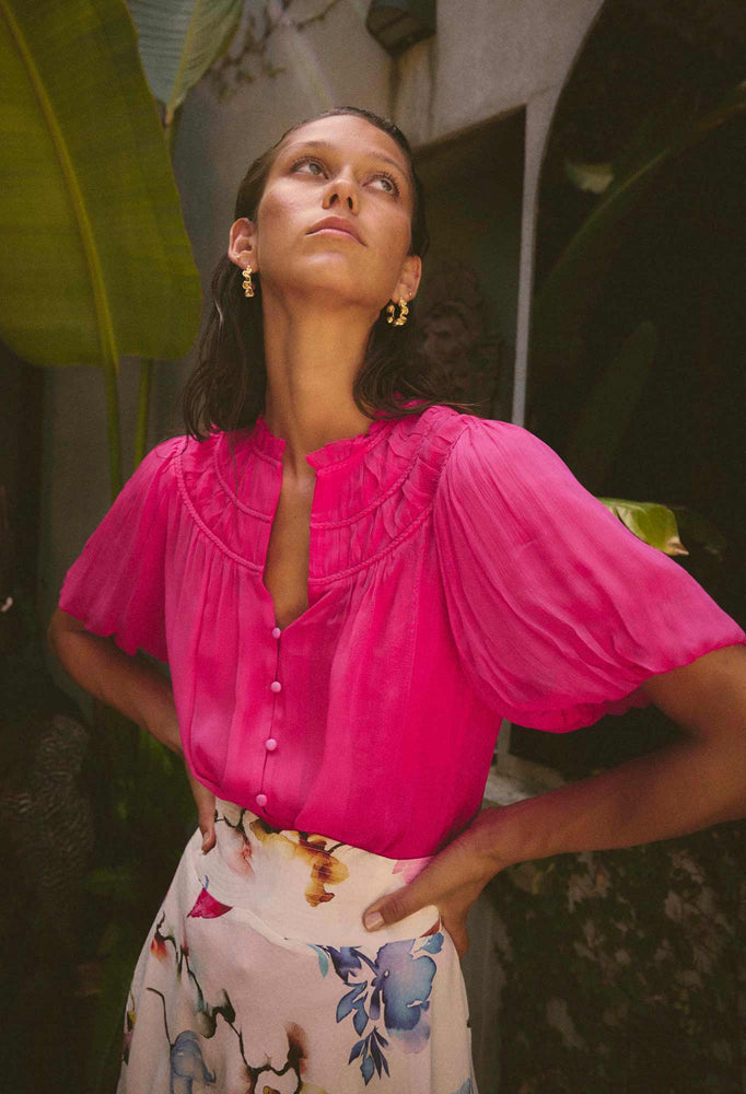 Selini Braided Neck Viscose Chiffon Blouse in Celosia Pink