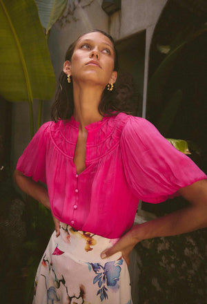 Selini Braided Neck Viscose Chiffon Blouse in Celosia Pink