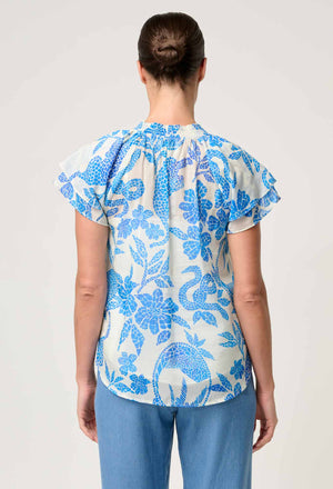 Calandra Silk Cotton Flutter Sleeve Top in Azure Mosaic