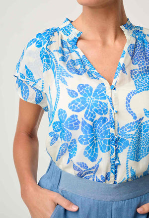 Calandra Silk Cotton Flutter Sleeve Top in Azure Mosaic