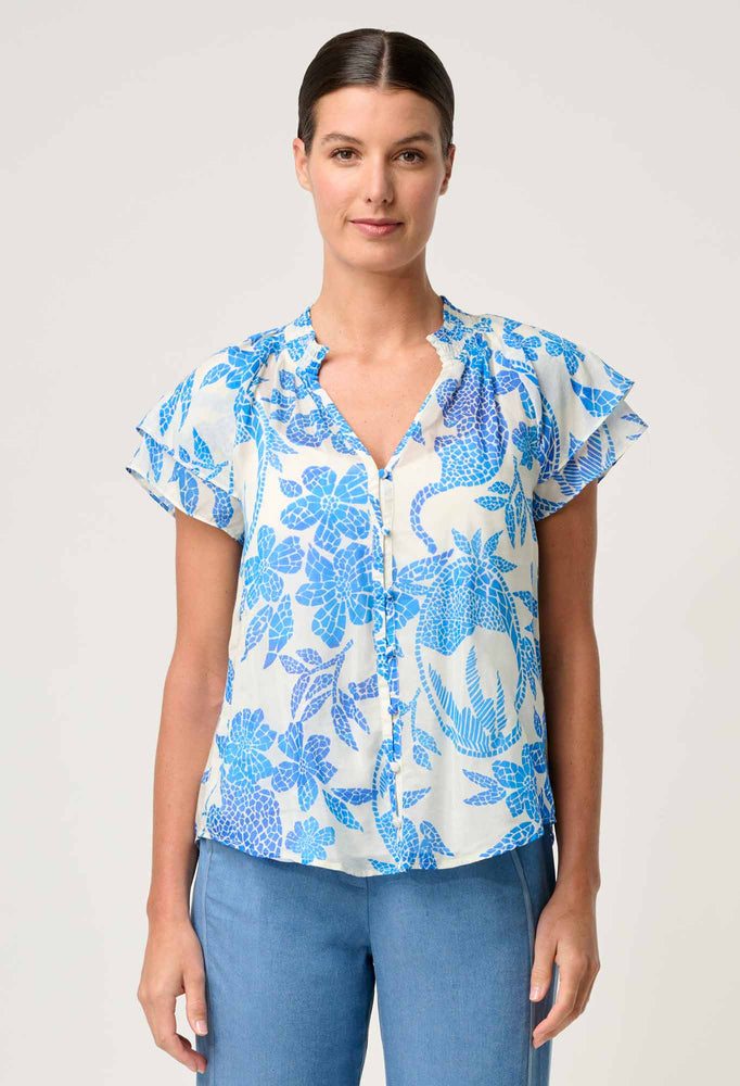 Calandra Silk Cotton Flutter Sleeve Top in Azure Mosaic