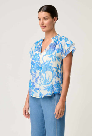 Calandra Silk Cotton Flutter Sleeve Top in Azure Mosaic