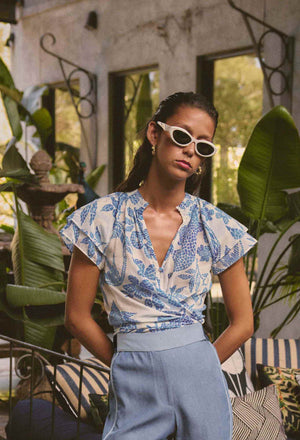 Calandra Silk Cotton Flutter Sleeve Top in Azure Mosaic