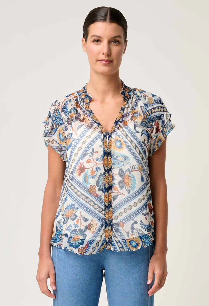 Calandra Viscose Yoryu Flutter Sleeve Top in Petinos Floros