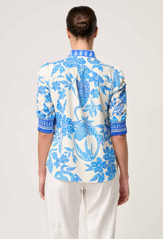 Calantha Viscose Dobby Ruched Sleeve Shirt in Azure Mosaic