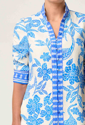 Calantha Viscose Dobby Ruched Sleeve Shirt in Azure Mosaic