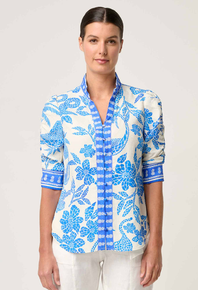 Calantha Viscose Dobby Ruched Sleeve Shirt in Azure Mosaic