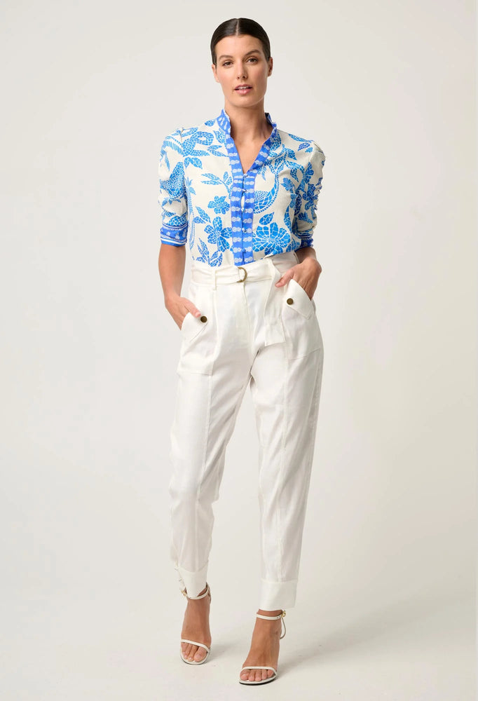 Calantha Viscose Dobby Ruched Sleeve Shirt in Azure Mosaic