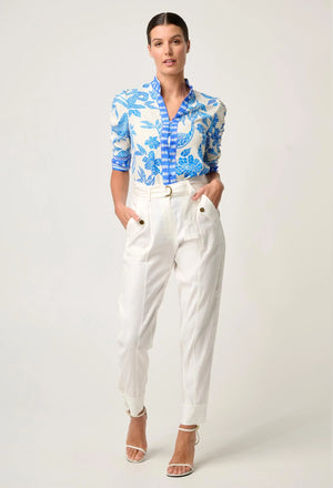 Calantha Viscose Dobby Ruched Sleeve Shirt in Azure Mosaic