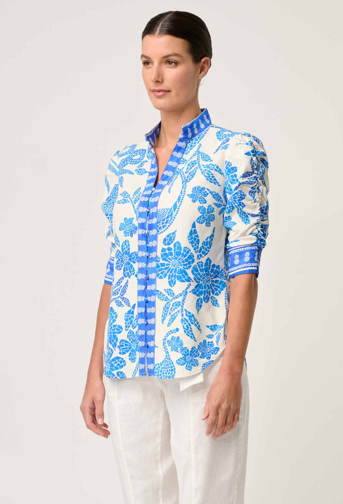 Calantha Viscose Dobby Ruched Sleeve Shirt in Azure Mosaic