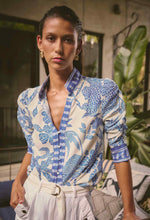 Calantha Viscose Dobby Ruched Sleeve Shirt in Azure Mosaic