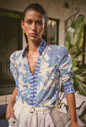 Calantha Viscose Dobby Ruched Sleeve Shirt in Azure Mosaic