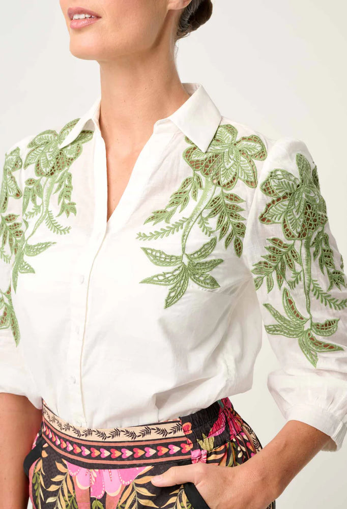 Callisto Cotton Embroidered Shirt in Ivory