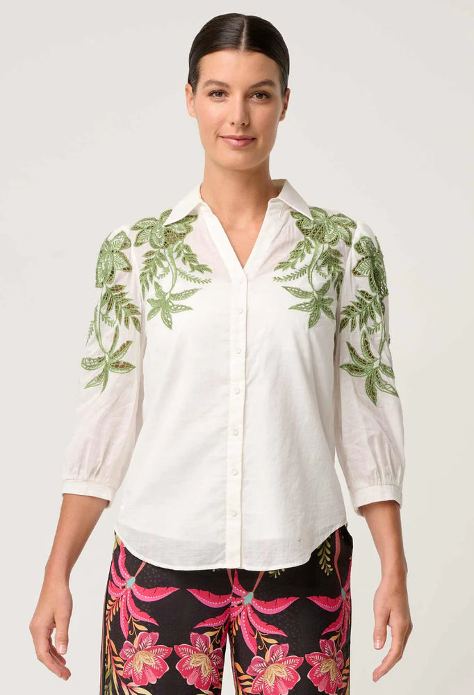 Callisto Cotton Embroidered Shirt in Ivory