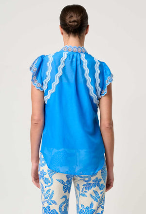 Thalassa Embroidered Silk Cotton Flutter Sleeve Top in Blue Topaz