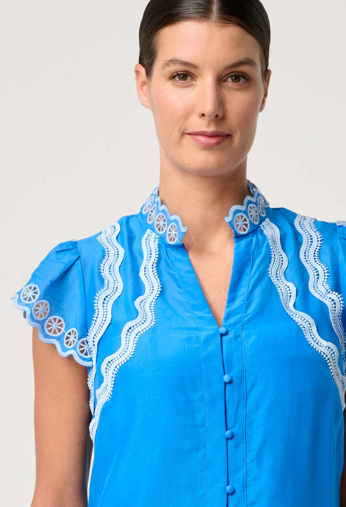Thalassa Embroidered Silk Cotton Flutter Sleeve Top in Blue Topaz